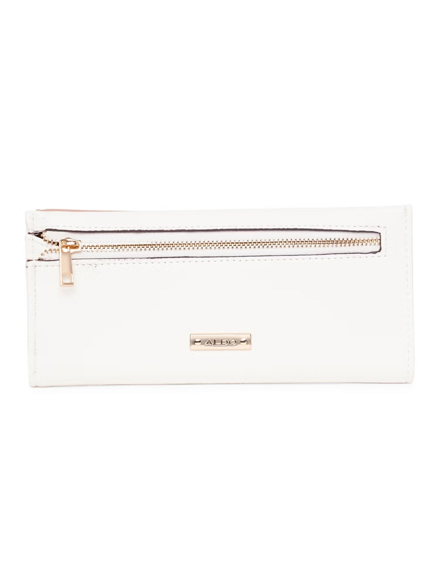 A white faux-leather zip-around pouch with a gold-tone zipper and a small gold brand plaque on the front, set against a plain white background.
