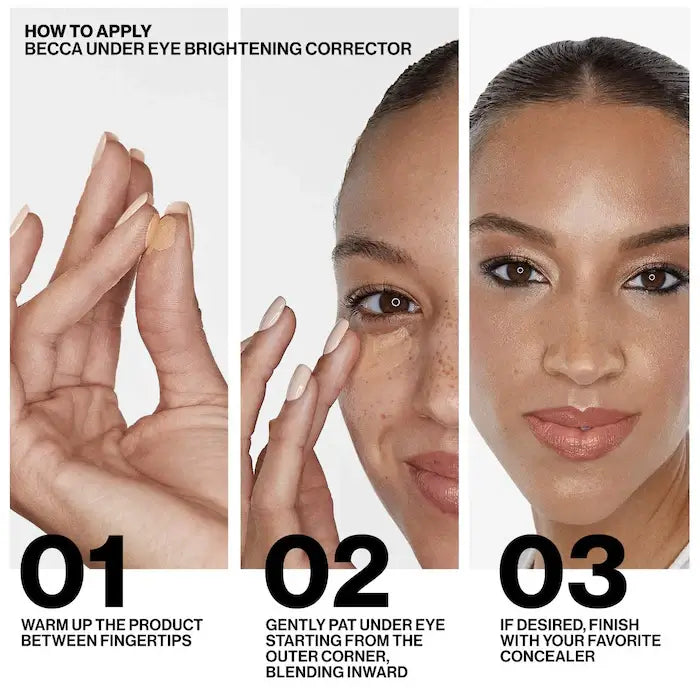 image showing how to use becca color corrector eye brightening cream for her available at Heygirl.pk for delivery in Pakistan