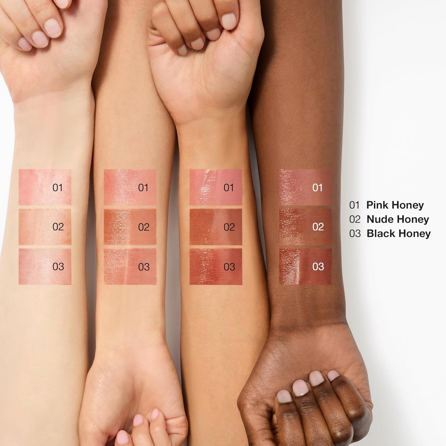 Lipstick swatches on three different skin tones with color labels.