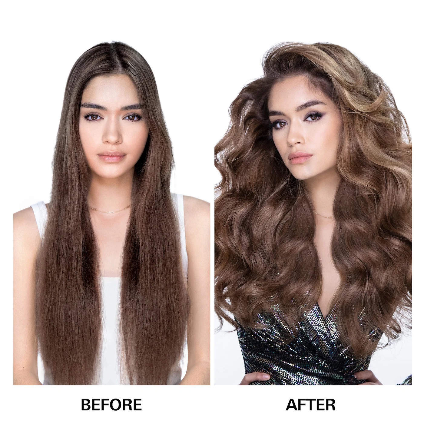 Before and after comparison of a woman's hair transformation with a white background.