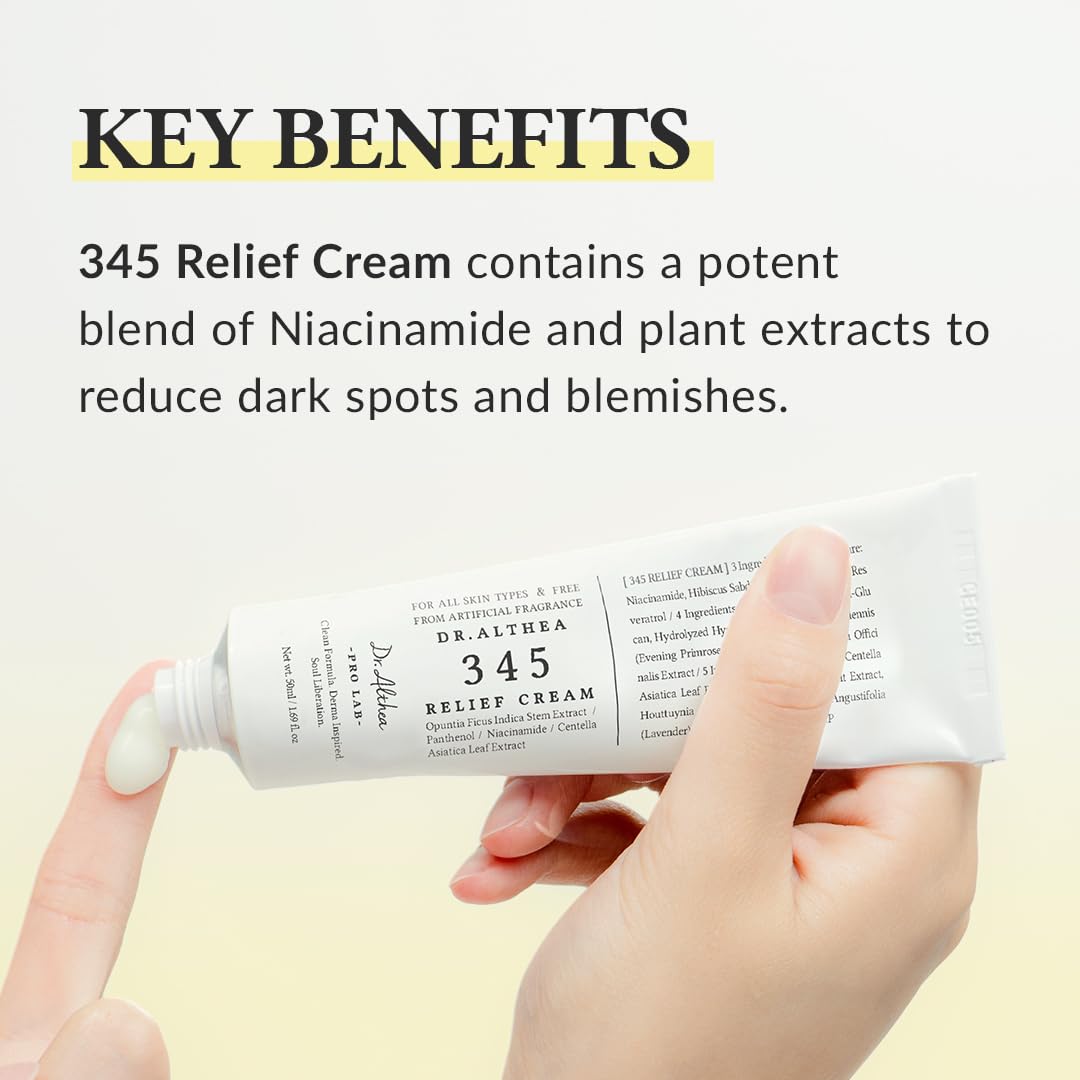 image showing benefits of using Dr Althea 345 korean Relief Cream for dark spots and blemishes available at Heygirl.pk for delivery in Pakistan.