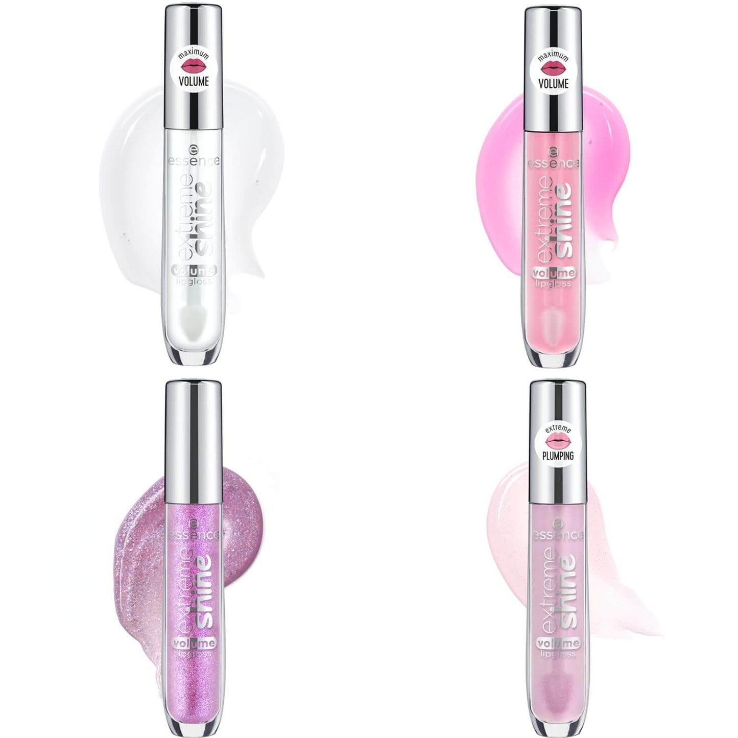 Four lip glosses with visible brand names on a white background