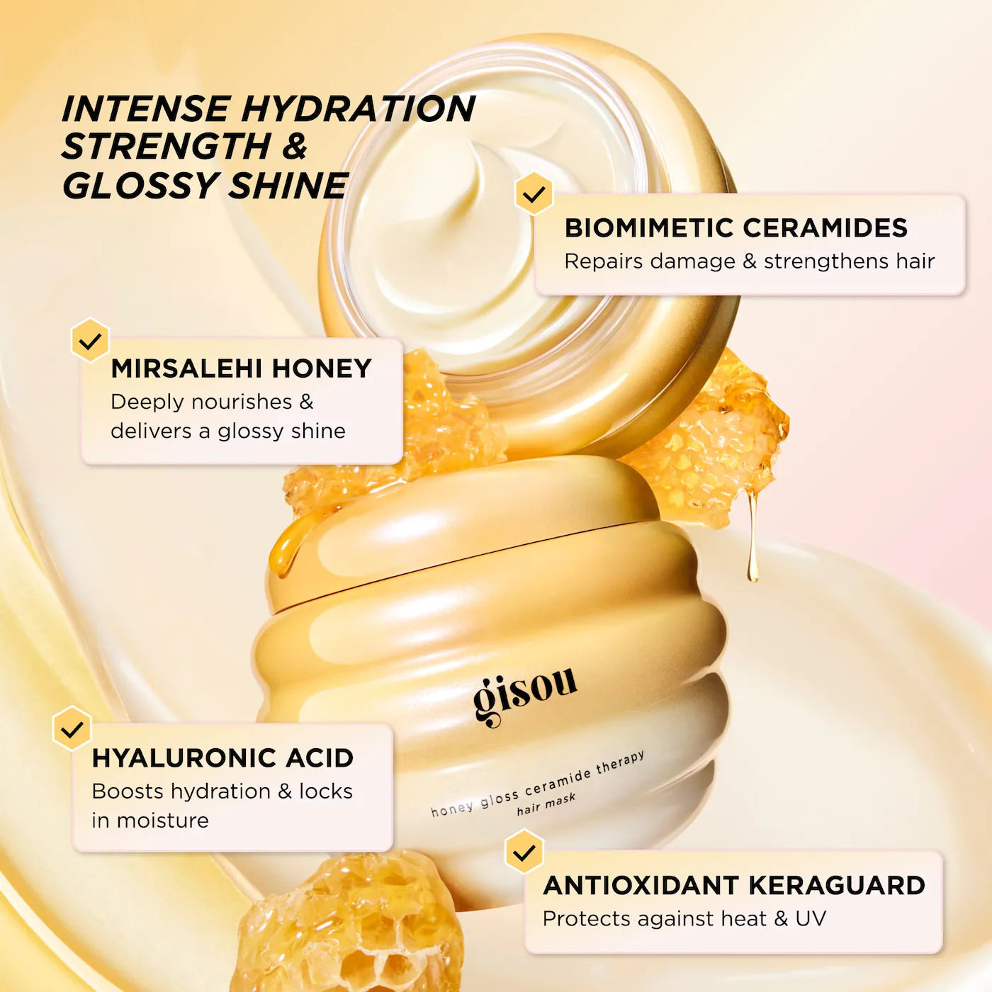 image showing benefits of using Shop Gisou hair therapy mask for hydrated and shiny hair available at Heygirl.pk for delivery in Pakistan.