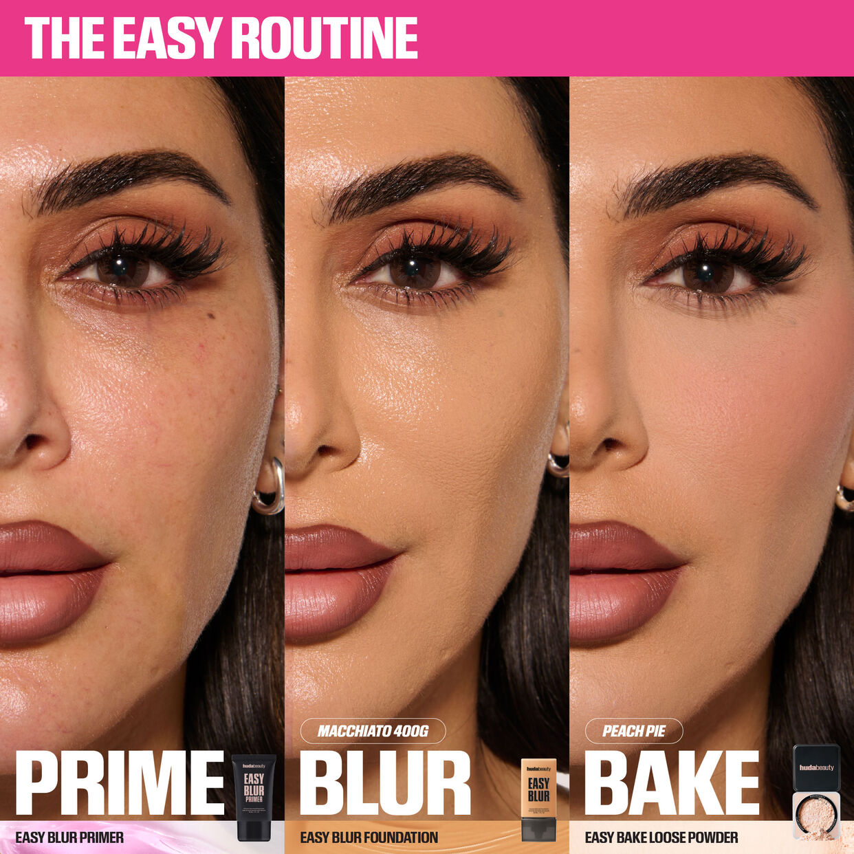Three stages of makeup application with 'Prime', 'Blur', and 'Bake' huda beauty products in Pakistan.