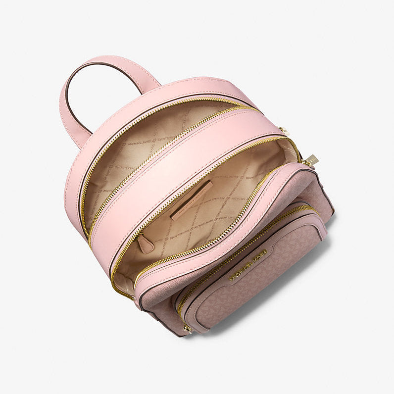 Pink backpack with gold zipper on a white background