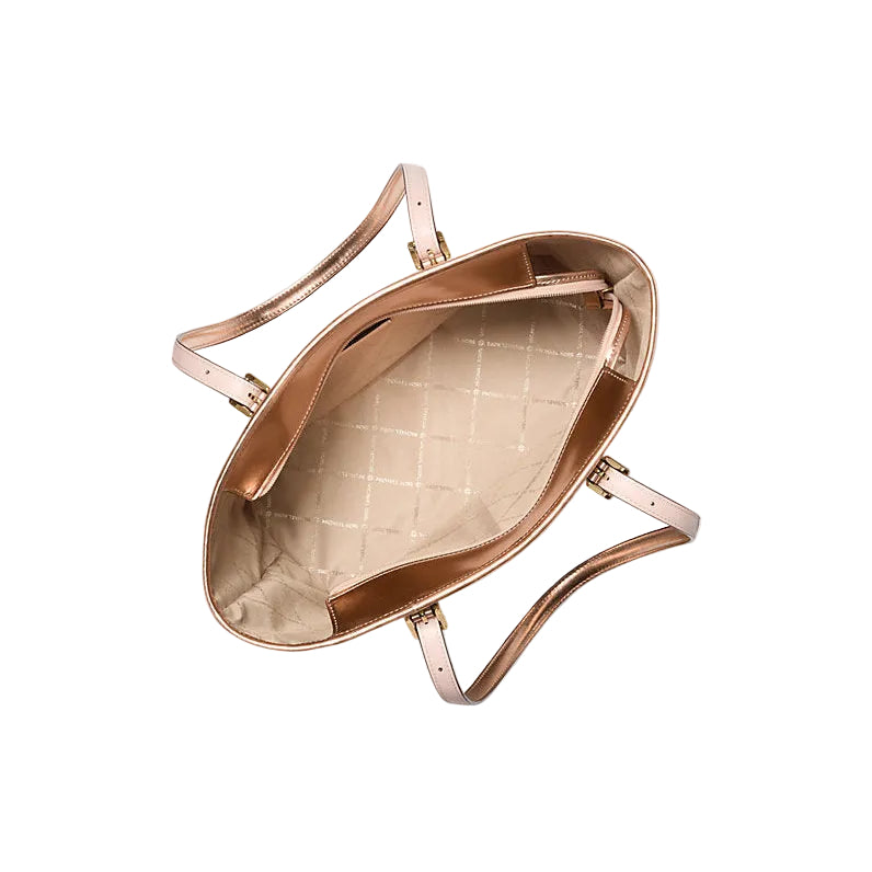 Rose gold handbag with a white interior on a white background