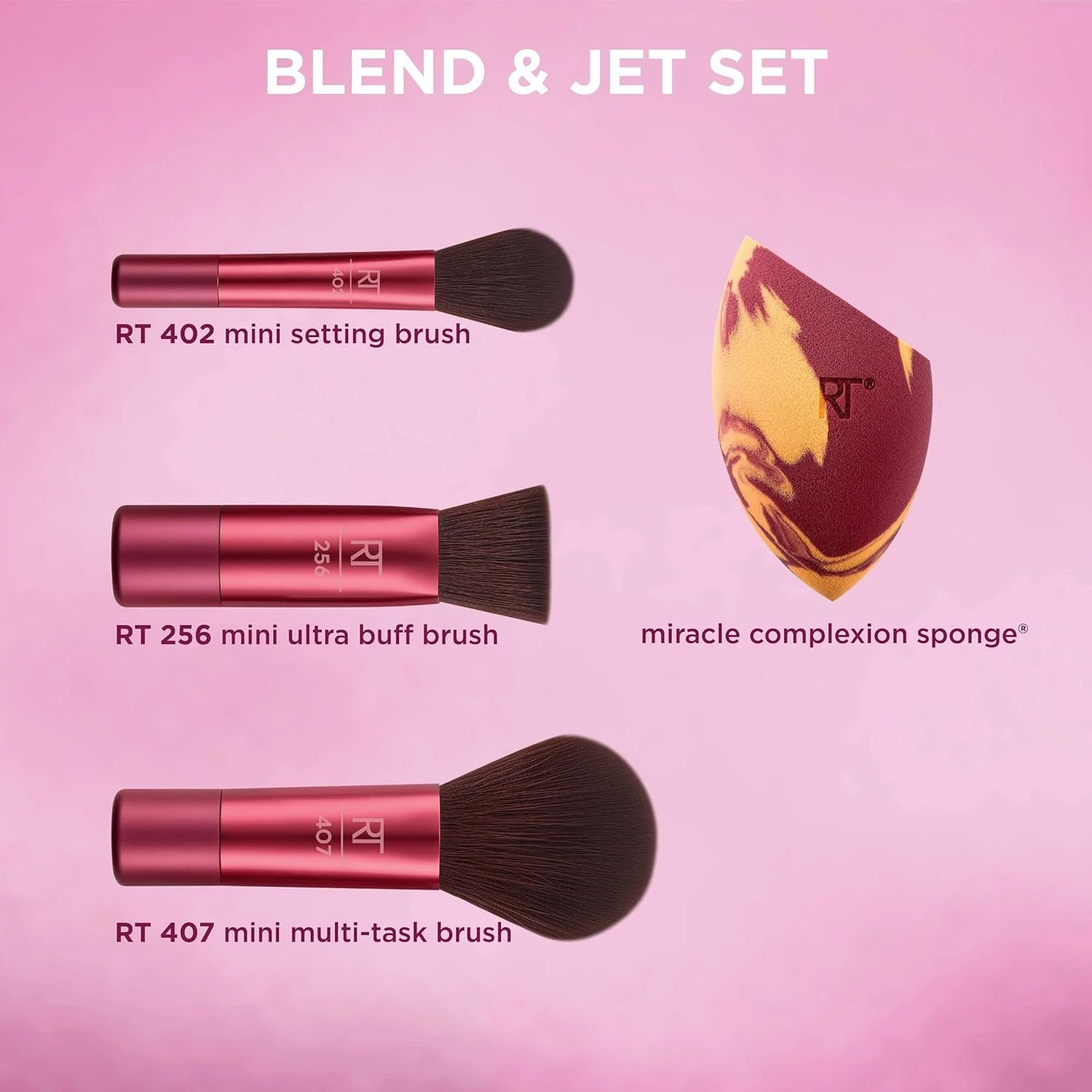 Makeup brushes and sponge set on a pink background with 'Blend & Jet Set' text.