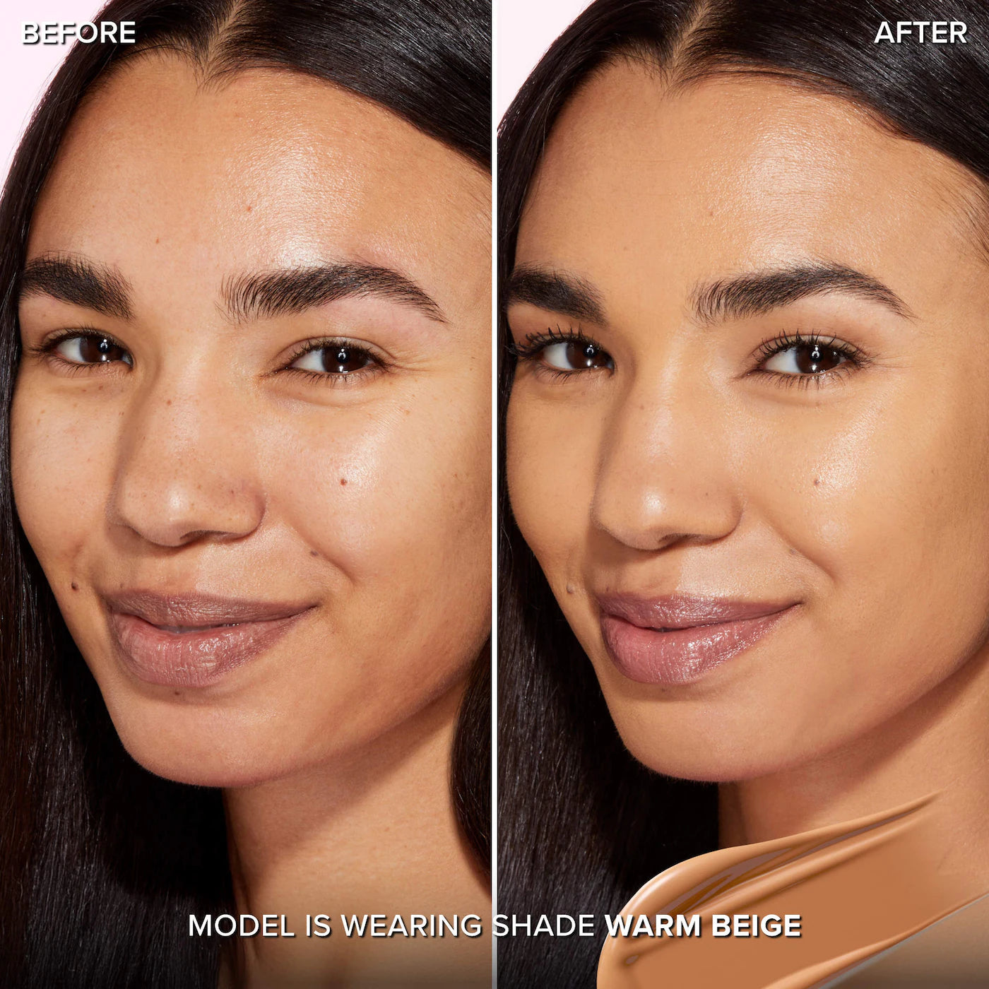 Before and after comparison of a woman's face wearing too faced foundation shade warm beige available at Heygirl.pk for delivery in Pakistan