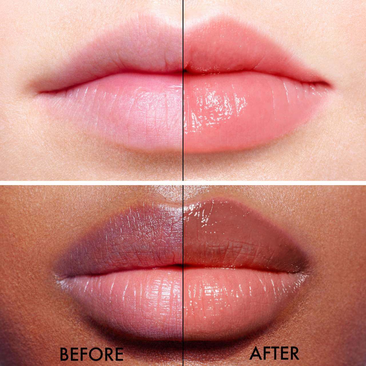 Before and after comparison of lips with a clear Dior lip balm application.