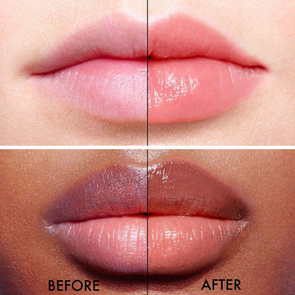 Before and after comparison of lips with a clear Dior lip balm application.