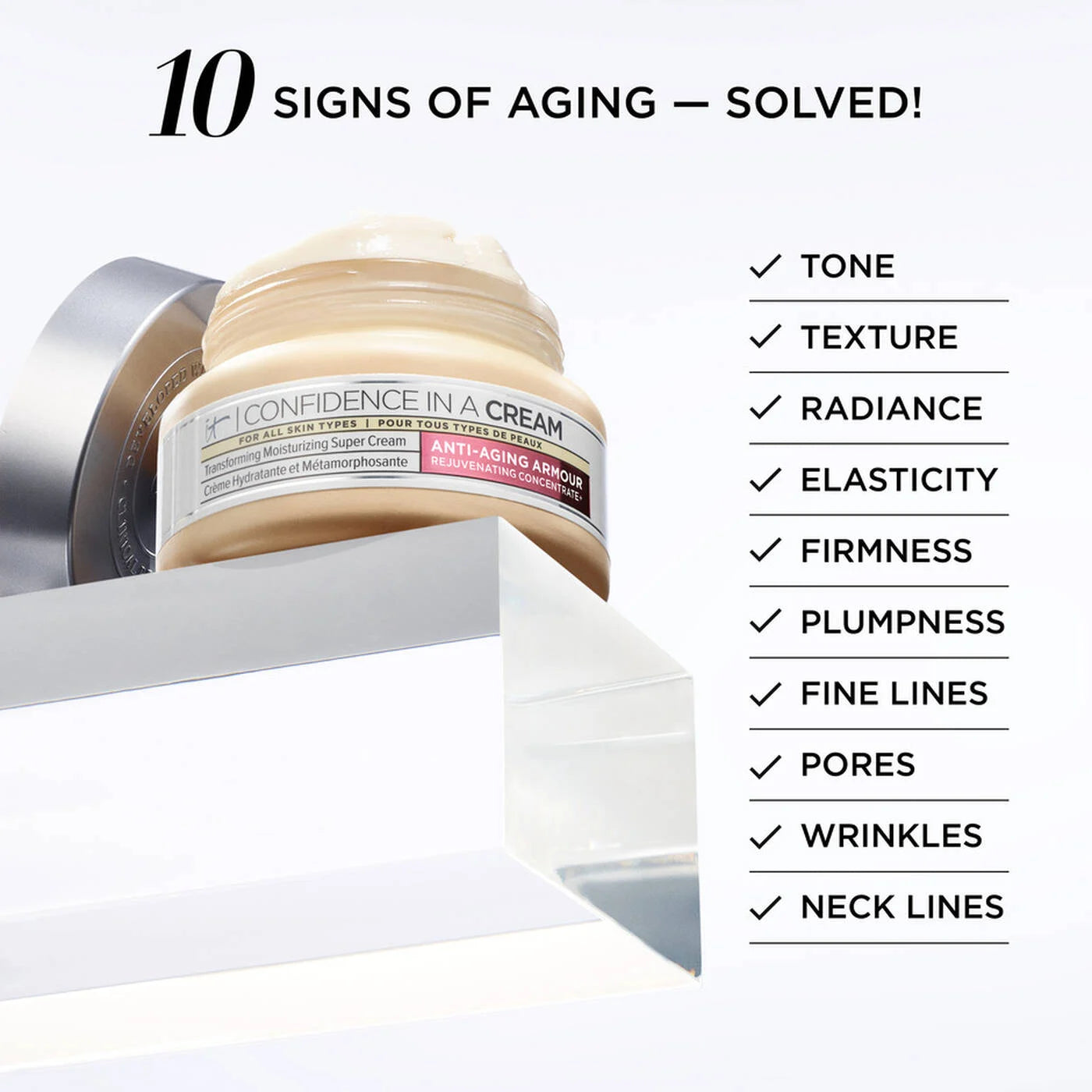 IT Cosmetic cream jar with a list of signs of aging and solutions available at Heygirl.pk for delivery in Pakistan