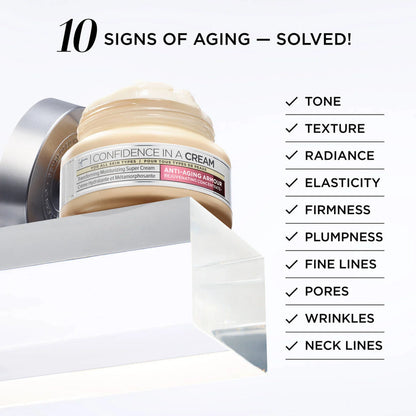IT Cosmetic cream jar with a list of signs of aging and solutions available at Heygirl.pk for delivery in Pakistan