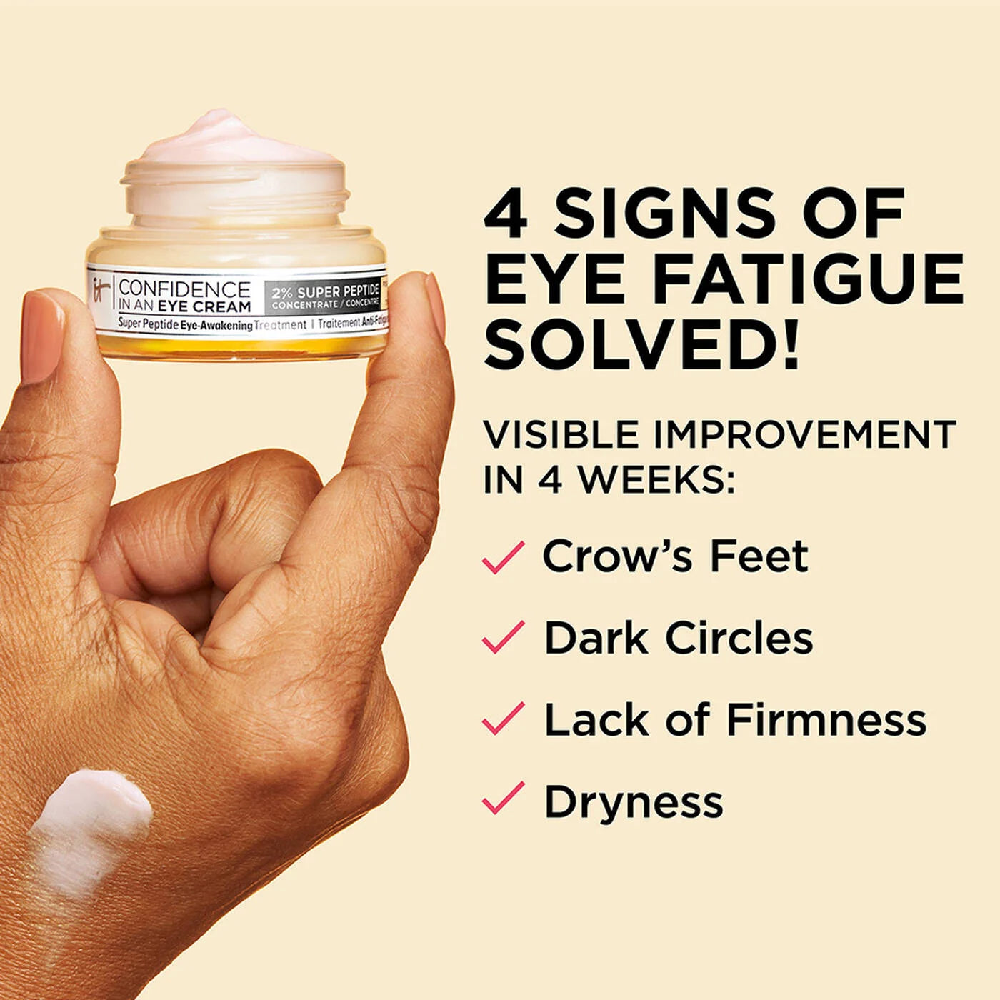 Hand holding a jar of eye cream with text about eye fatigue signs and improvement.