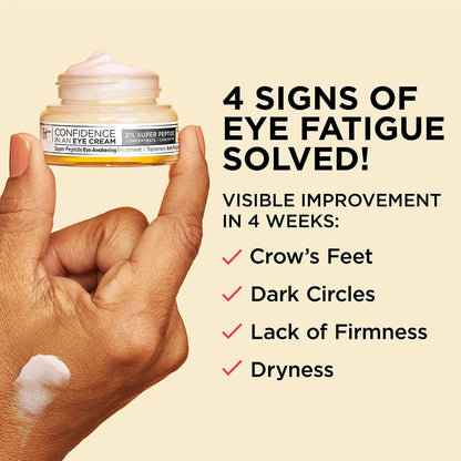 Hand holding a jar of eye cream with text about eye fatigue signs and improvement.