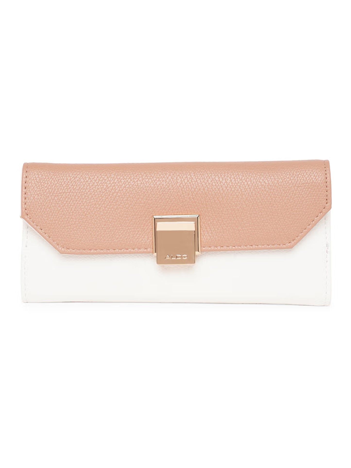A two-tone clutch bag with a textured blush pink flap and a smooth white body, featuring a gold-tone metal clasp on a plain white background.