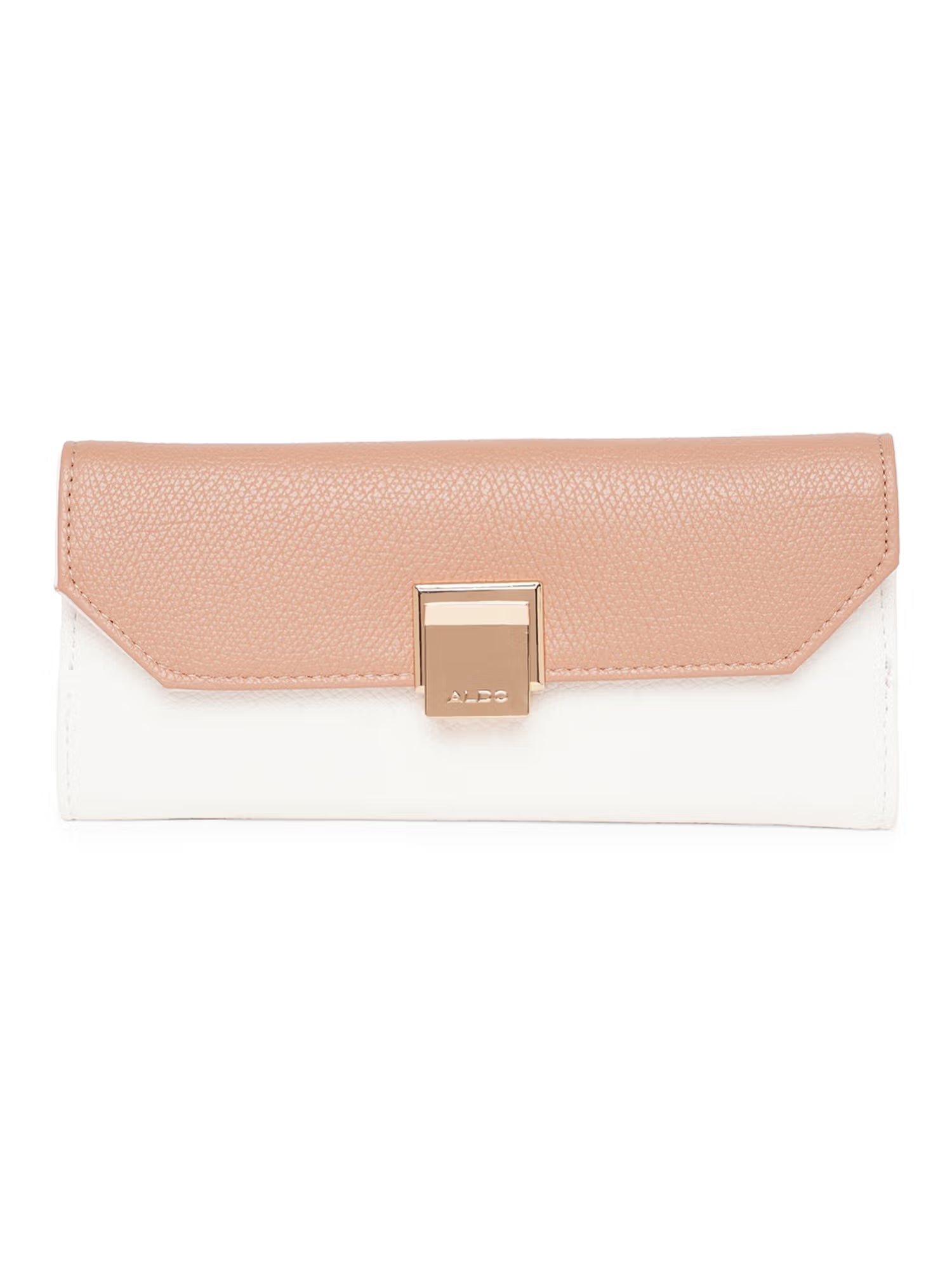 A two-tone clutch bag with a textured blush pink flap and a smooth white body, featuring a gold-tone metal clasp on a plain white background.