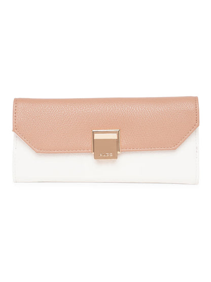 A two-tone clutch bag with a textured blush pink flap and a smooth white body, featuring a gold-tone metal clasp on a plain white background.