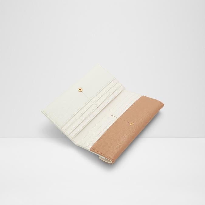 A two-tone aldo leather wallet shown open, featuring an off-white exterior and a tan interior pocket, accented with small gold-tone snap buttons.
