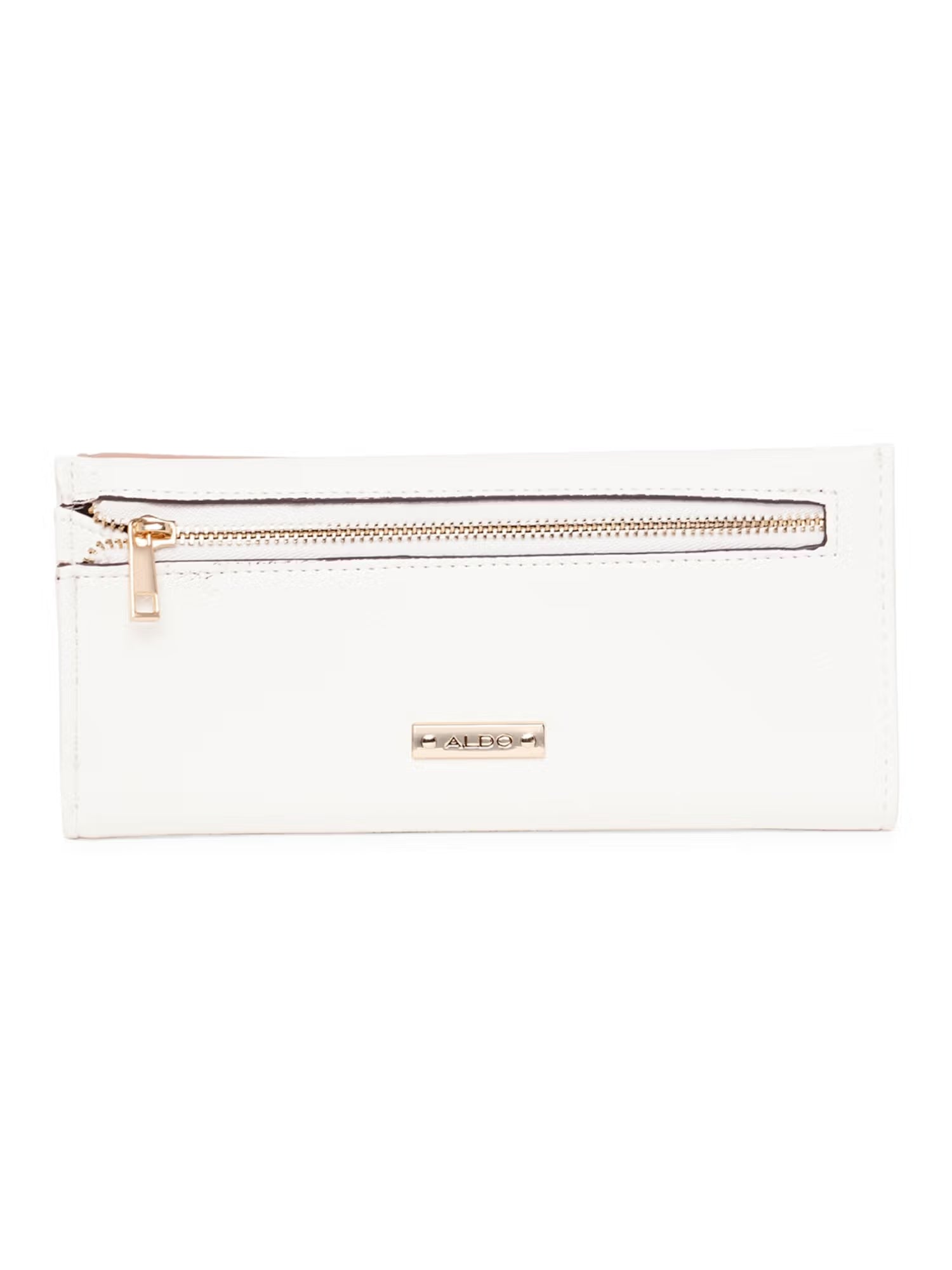 A white faux-leather zip-around pouch with a gold-tone zipper and a small gold brand plaque on the front, set against a plain white background.