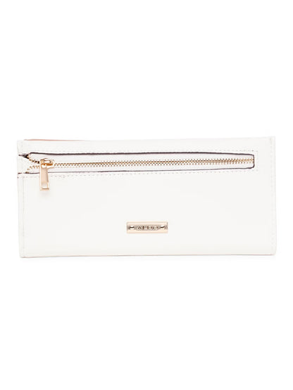 A white faux-leather zip-around pouch with a gold-tone zipper and a small gold brand plaque on the front, set against a plain white background.