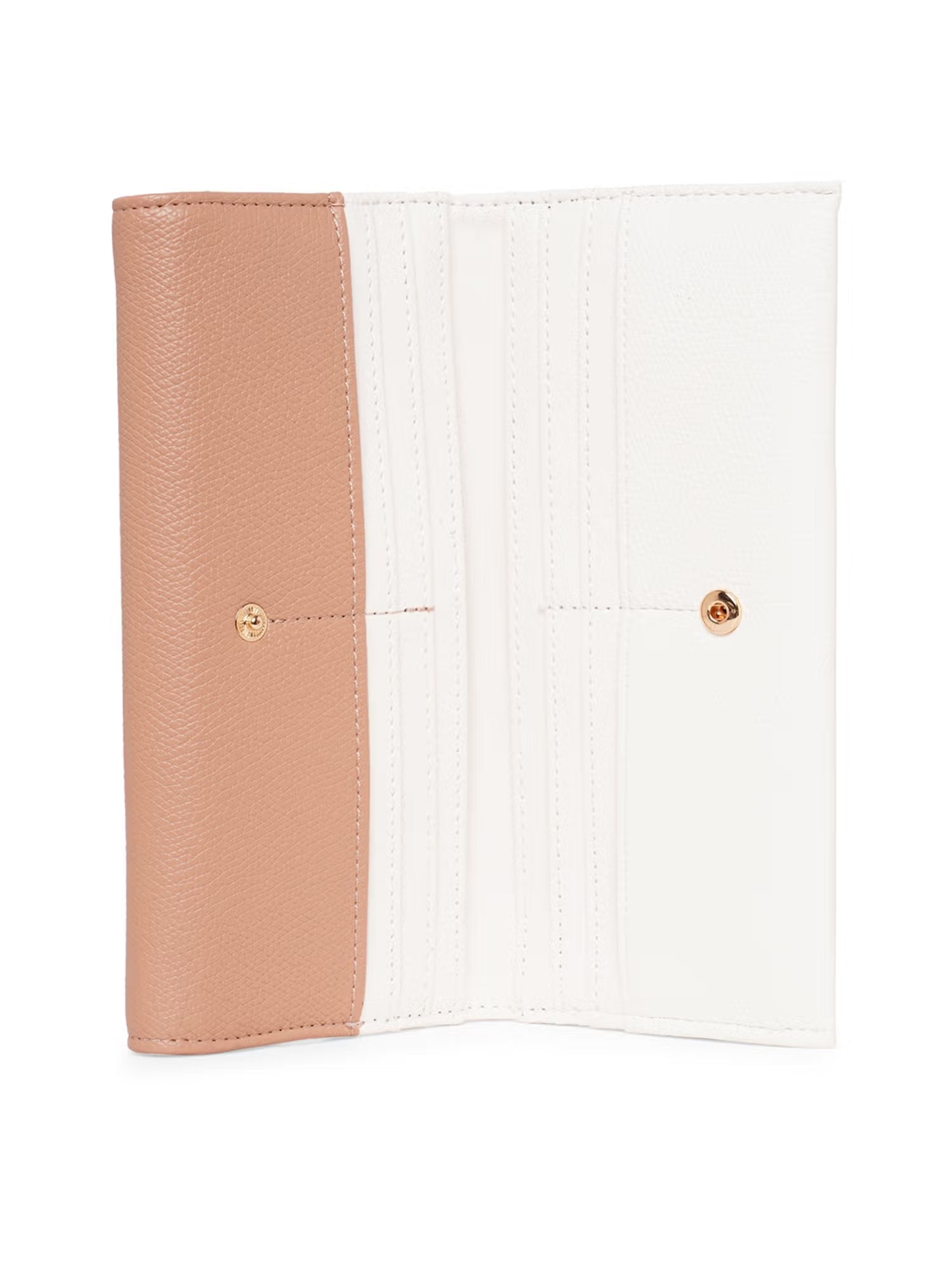 A color-blocked wallet with a textured blush pink leather exterior on the left and a smooth white leather interior on the right, featuring two small gold-tone snap buttons.
