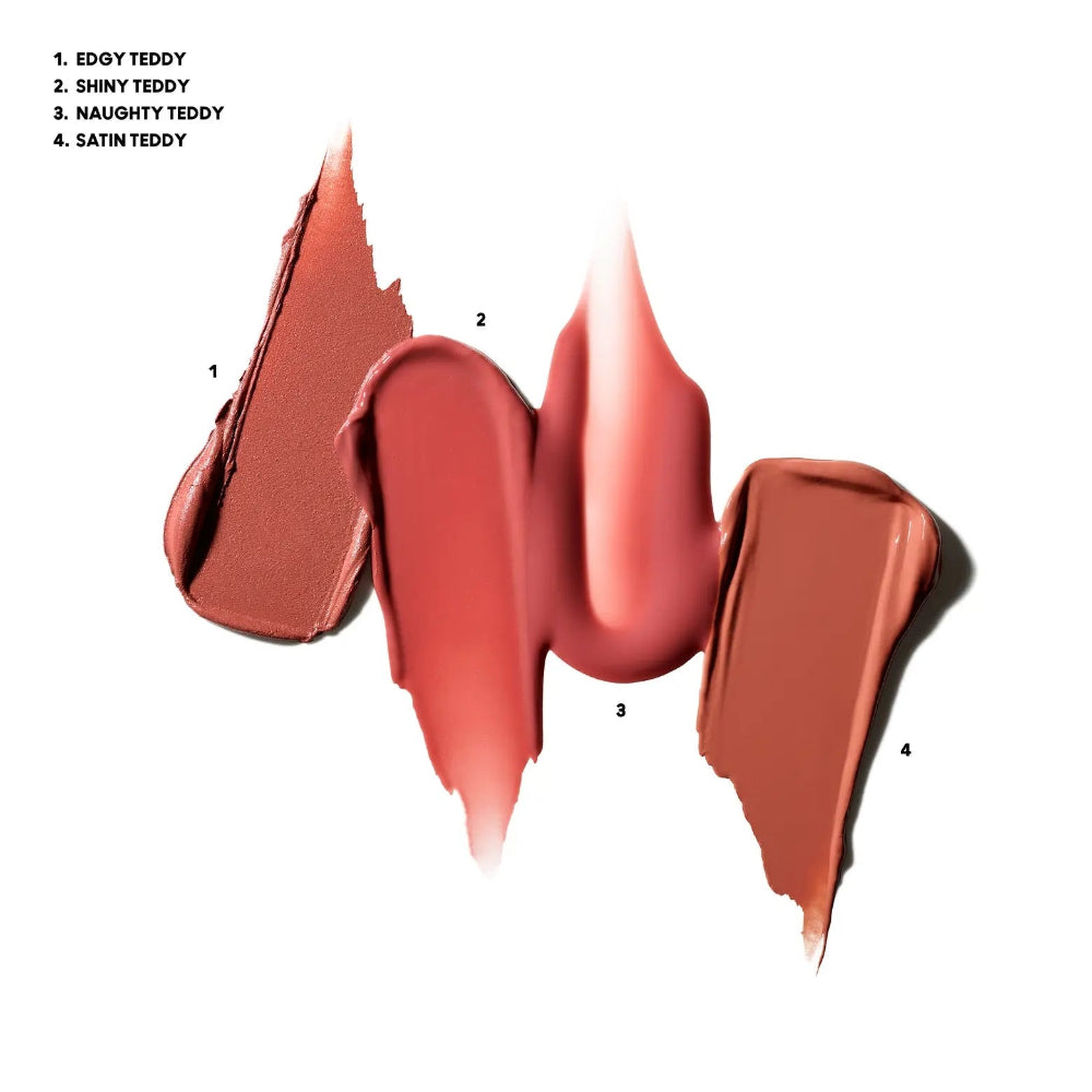 Four textured lipstick swatches in warm nude shades labeled 1 through 4, with text reading '1. IODY TEDDY 2.