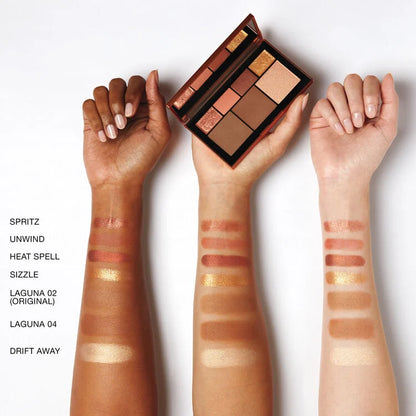 Makeup palette with swatches on three different skin tones against a white background