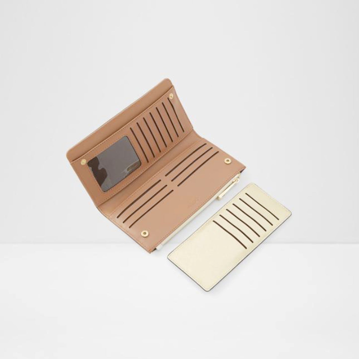 A tan leather wallet shown open, with a matching closed card holder placed in front on a clean white studio background.