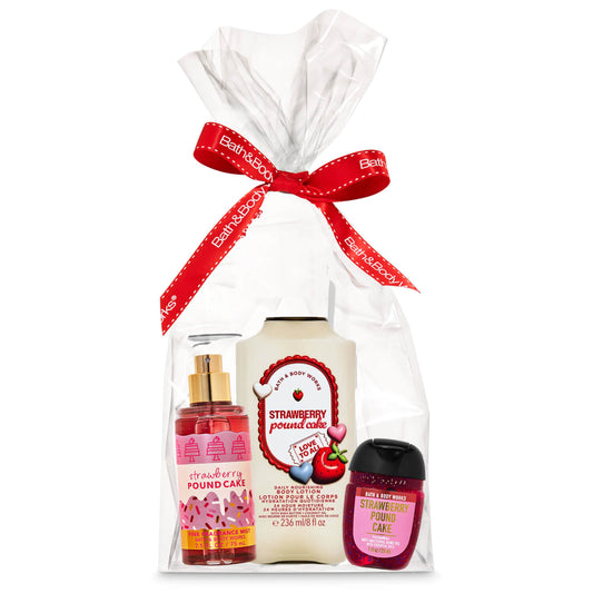 A Bath + Body Shop Strawberry Poured Care gift set for her including travel mist, full size lotion and a hand sanitizer available at Heygirl.pk in Pakistan