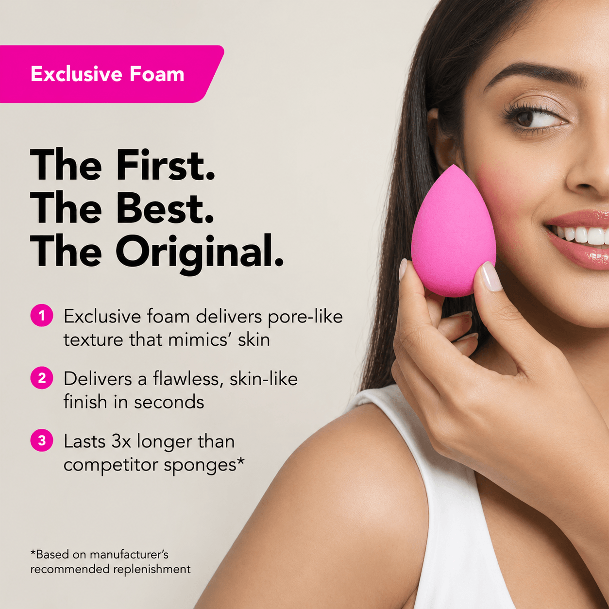 A pakistani woman using a pink beauty blender with text highlighting its features available at Heygirl.pk in Pakistan