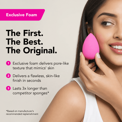 A pakistani woman using a pink beauty blender with text highlighting its features available at Heygirl.pk in Pakistan