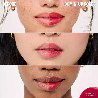 Before and after comparison of a lipstick application on a person's lips with 'Comin' Up Roses' text.