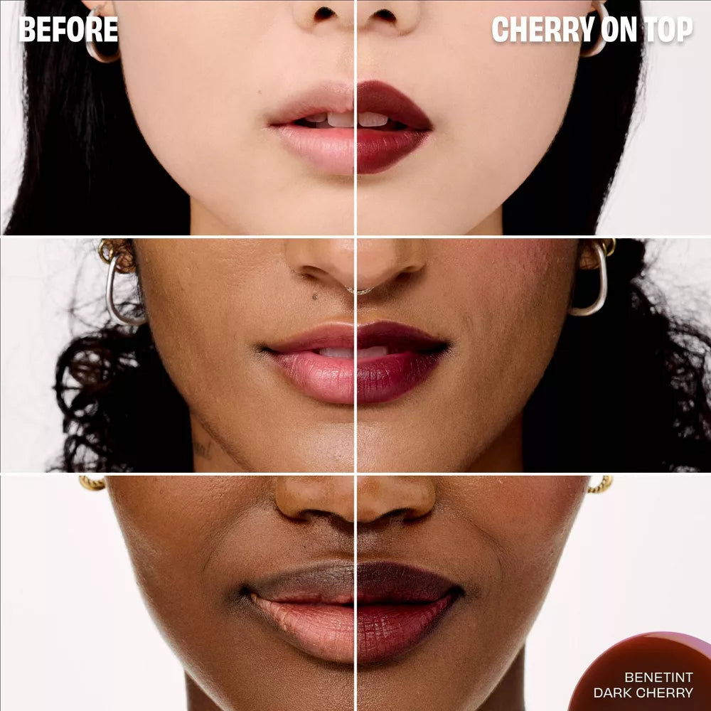 Before and after comparison of a lipstick application on different skin tones with 'Cherry on Top' text.