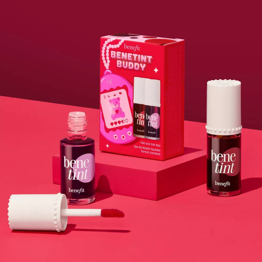Benefit Benetint and Benetint Buddy set on a red background