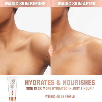 image showing before and after result of using Charlotte Tilbury anti aging magic body cream for stretch marks and skin glow available at Heygirl.pk for delivery in Pakistan.