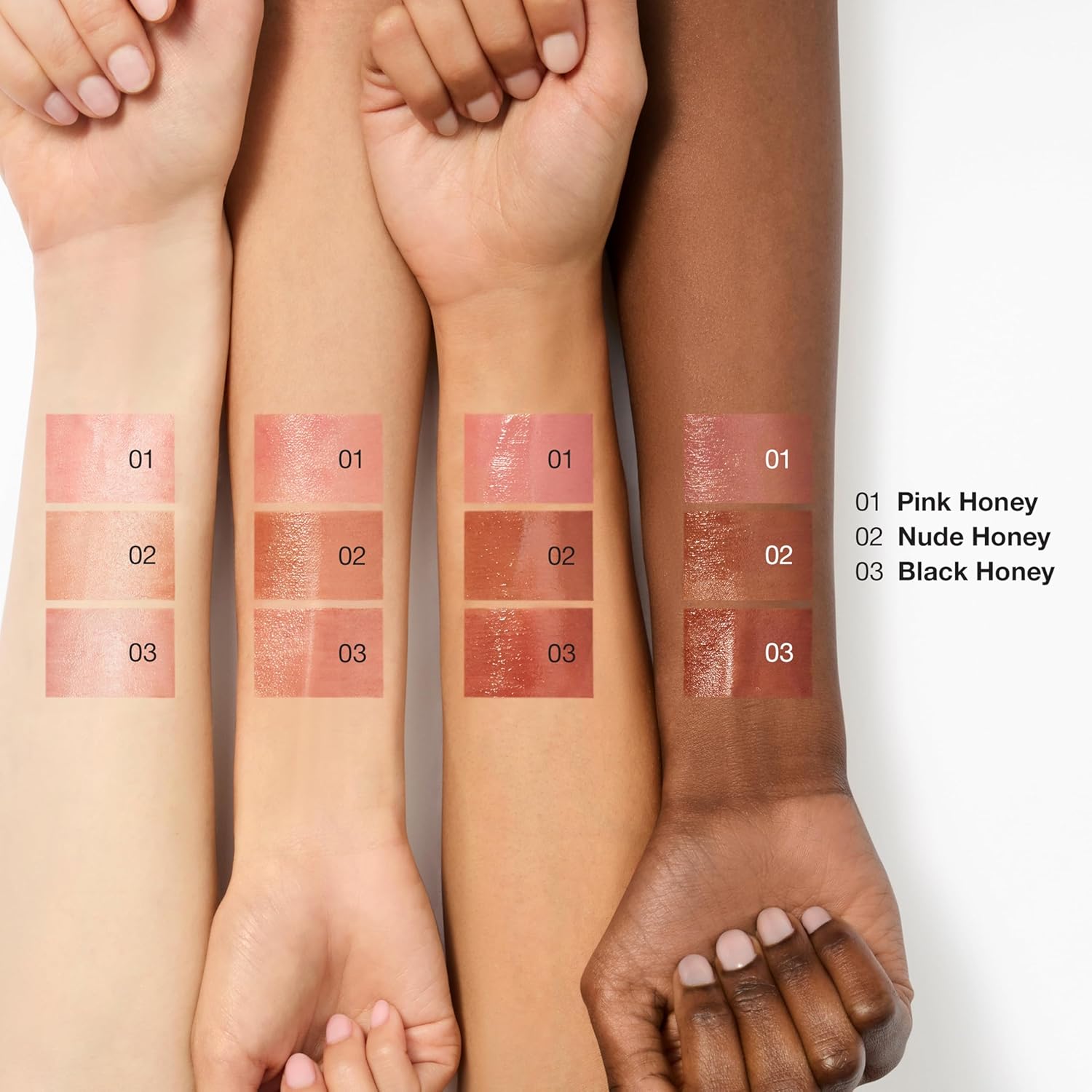 Lipstick swatches on three different skin tones with color labels.