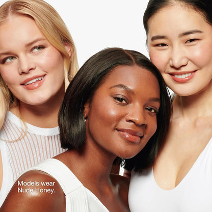 Three women with different skin tones posing after wearing Clinique nude honey lipstick available at Heygrl.pk in Pakistan