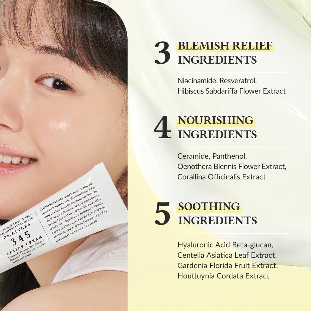 image showing benefits of using Dr Althea 345 korean Relief Cream for dark spots and blemishes available at Heygirl.pk for delivery in Pakistan. 