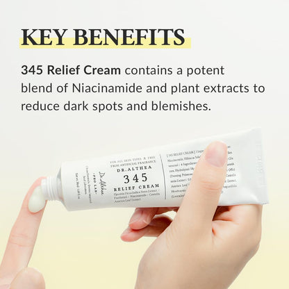 image showing benefits of using Dr Althea 345 korean Relief Cream for dark spots and blemishes available at Heygirl.pk for delivery in Pakistan. 
