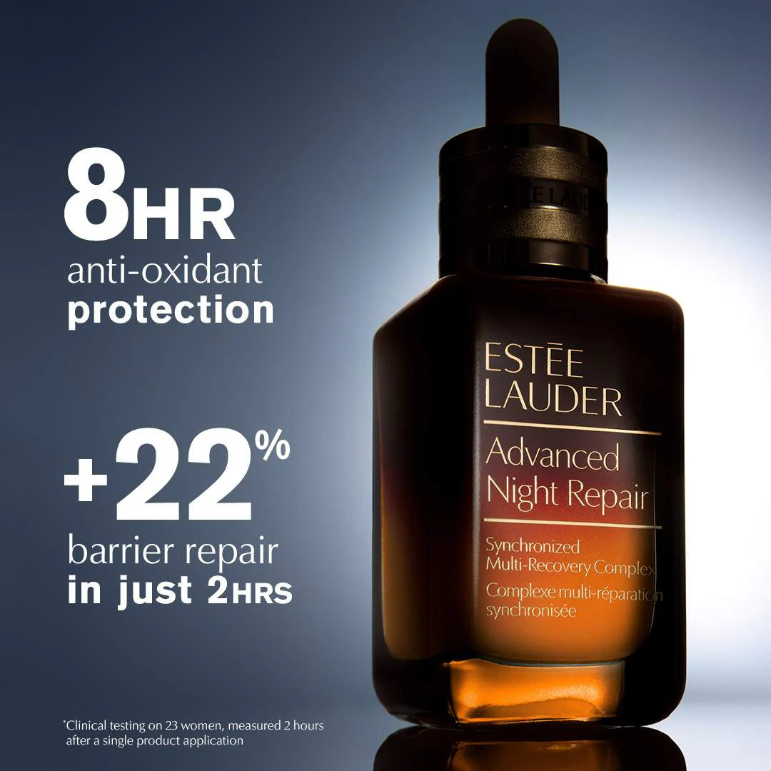 image showing benefits of using Estee Lauder Advanced Night Repair Serum to reduce fine lines, wrinkles, clogged pores and signs of aging available for delivery in Pakistan.