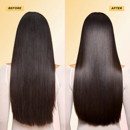 before and after image of using Gisou hair therapy mask for hydrated and shiny hair available at Heygirl.pk for delivery in Pakistan. 