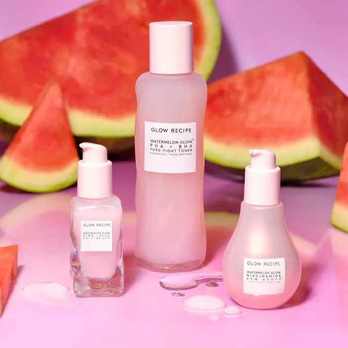 Shop Glow Recipe Dewy Glow Trio includes Watermelon Glow Pore-Tight Toner, Niacinamide Dew Drops and Pink Juice Moisturizer available for her in Pakistan. 