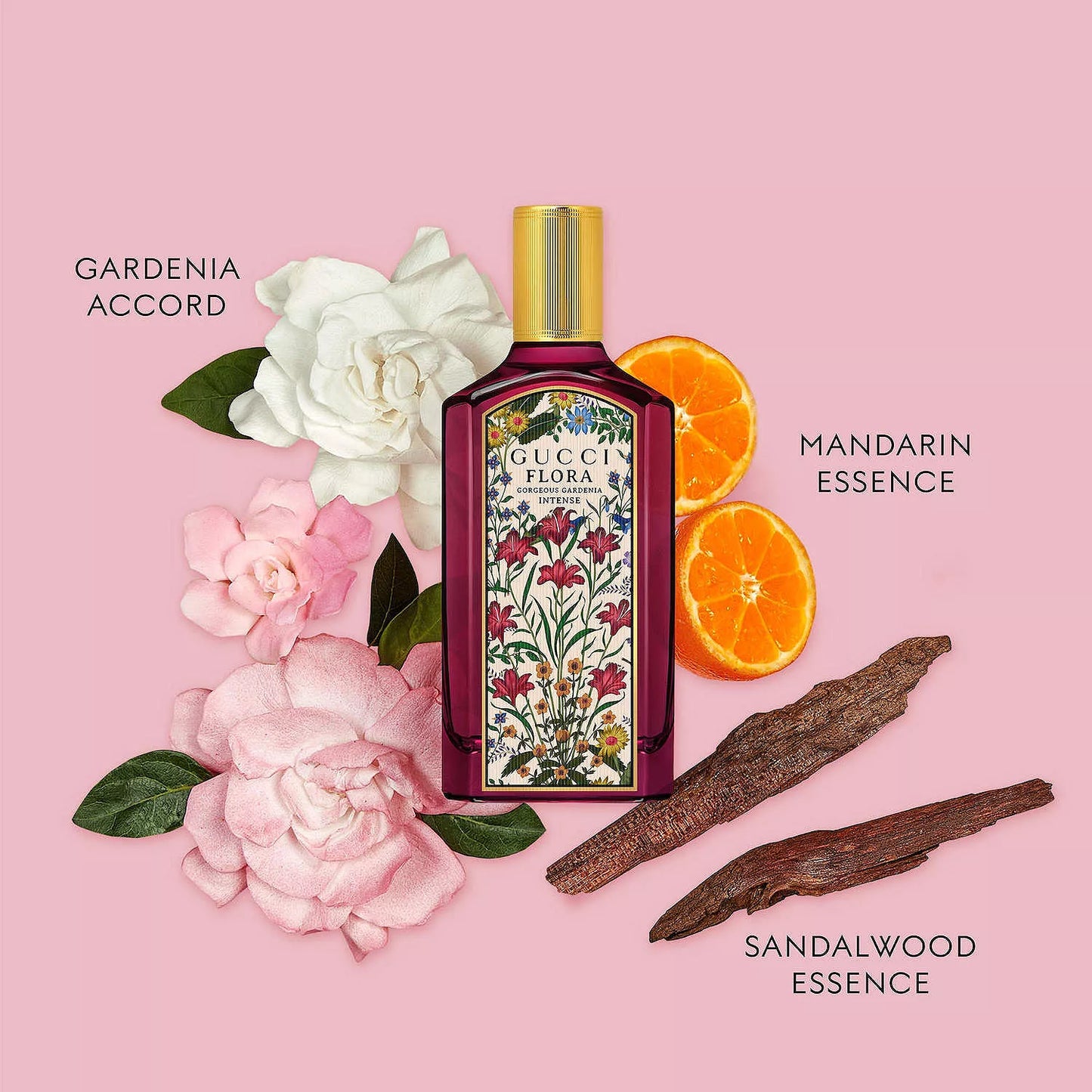 Gucci Flora perfume bottle with flowers, oranges, and sandalwood on a pink background