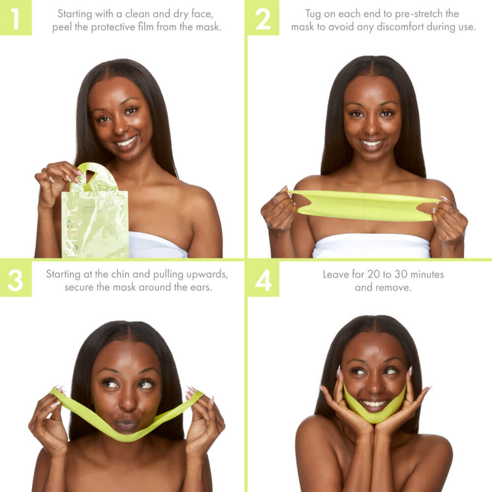 Step-by-step guide on applying a green face mask with a woman demonstrating each step.