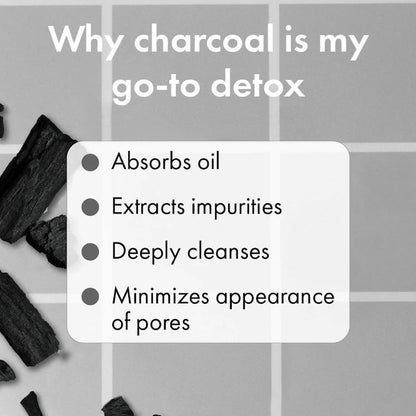 image showing benefits of using Huda Beauty Charcoal Face and Body Detox Scrub available at Heygirl.pk for delivery in Pakistan. 