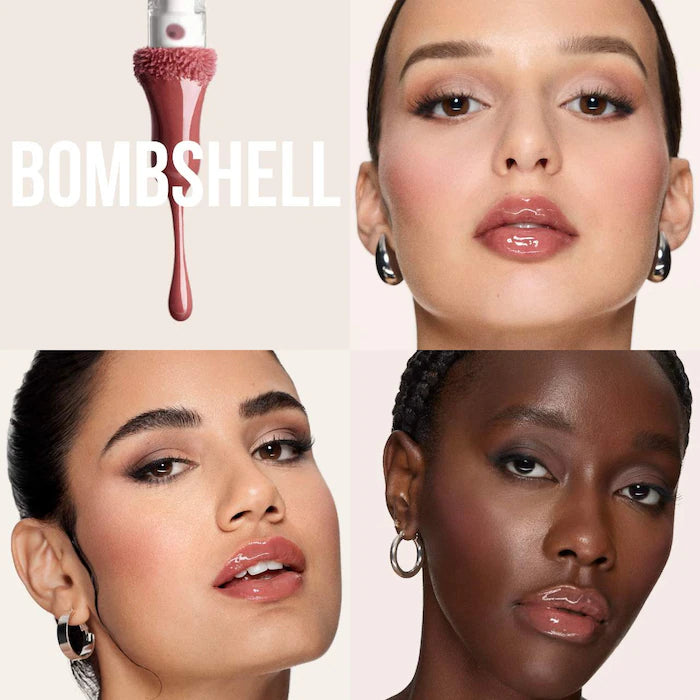 swatch image of original Huda Beauty Faux Filler Lip Gloss bombshell available at Heygirl.pk for delivery in Pakistan. 