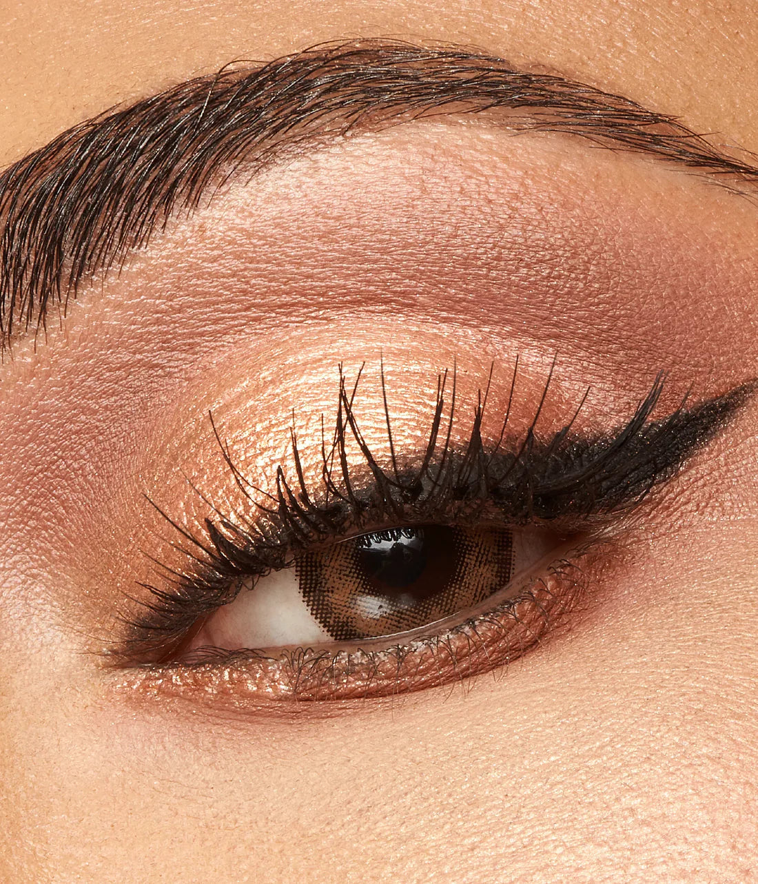 Close-up of a person's eye with bronze eyeshadow and long black eyelashes.