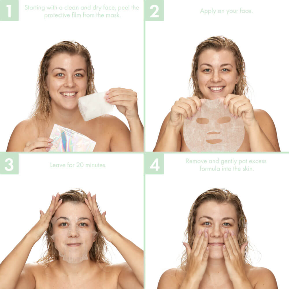 Step-by-step guide on applying a facial mask with a woman demonstrating each step.