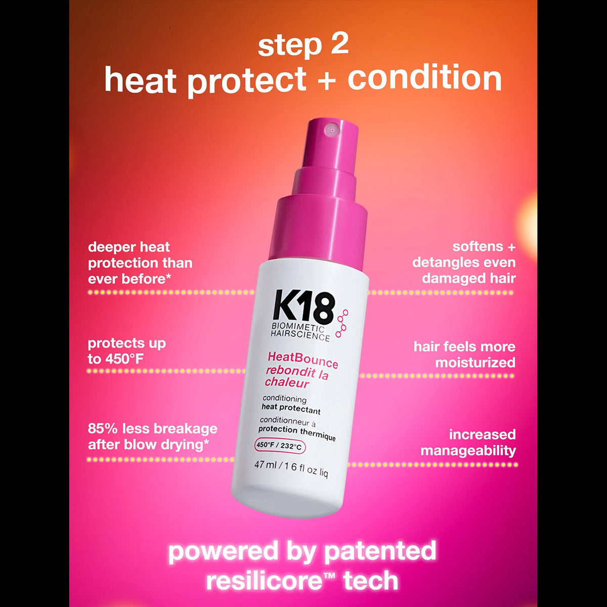 K18 Beauty Science HeatBounce heat protectant and conditioner bottle shown on a bright pink-to-orange gradient background with marketing text around it.