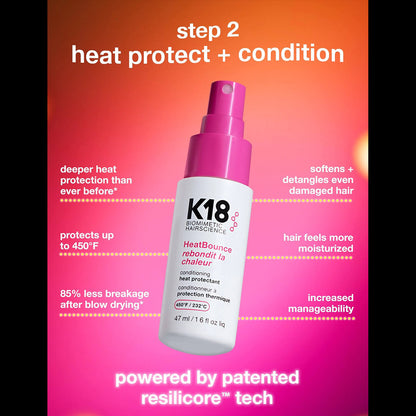 K18 Beauty Science HeatBounce heat protectant and conditioner bottle shown on a bright pink-to-orange gradient background with marketing text around it.